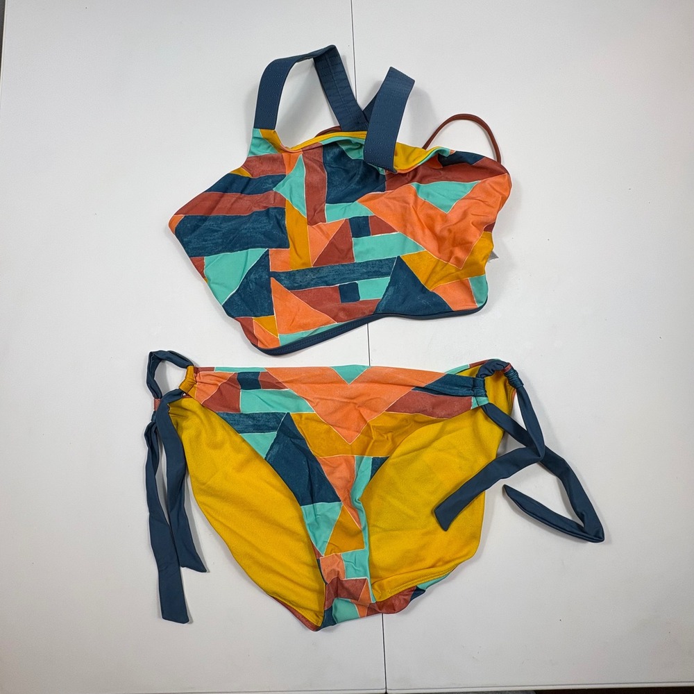 Prana Bikini Set XL Geometric High Neck Mosaic Tie Side Sustainable Swim